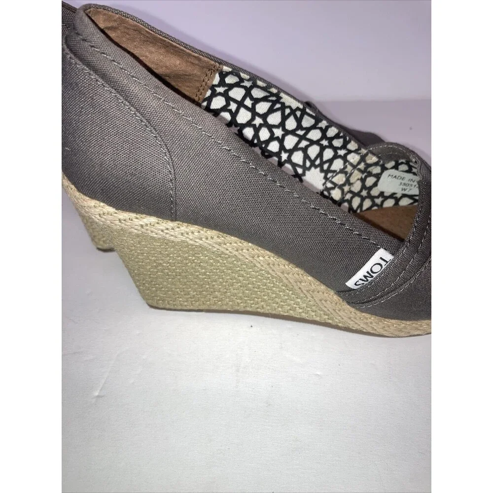 TOMS Calypso Grey Peep Toe Espadrille Wedge Canvas Sandals Heels Shoes Sz7